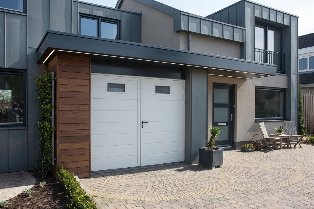 Witte dubbele openslaande garagedeuren met matte ramen bij moderne woning door Montage Service Limburg
