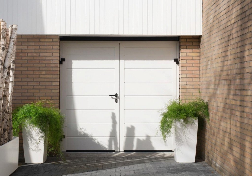 Witte dubbele garagedeuren bij lichte bakstenen gevel met plantenbakken door Montage Service Limburg